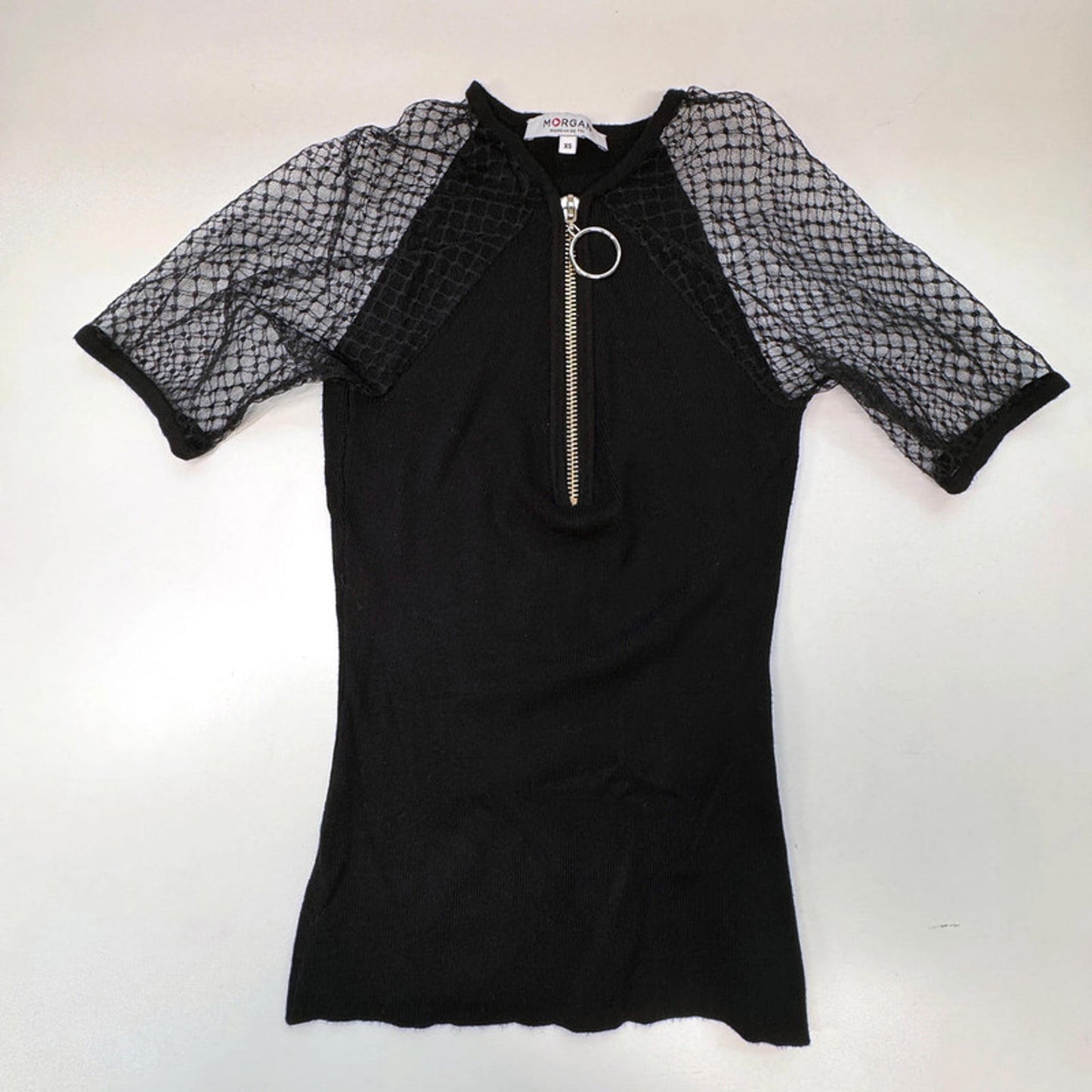 Morgan de Toi black short-sleeved zipped knit t-shirt