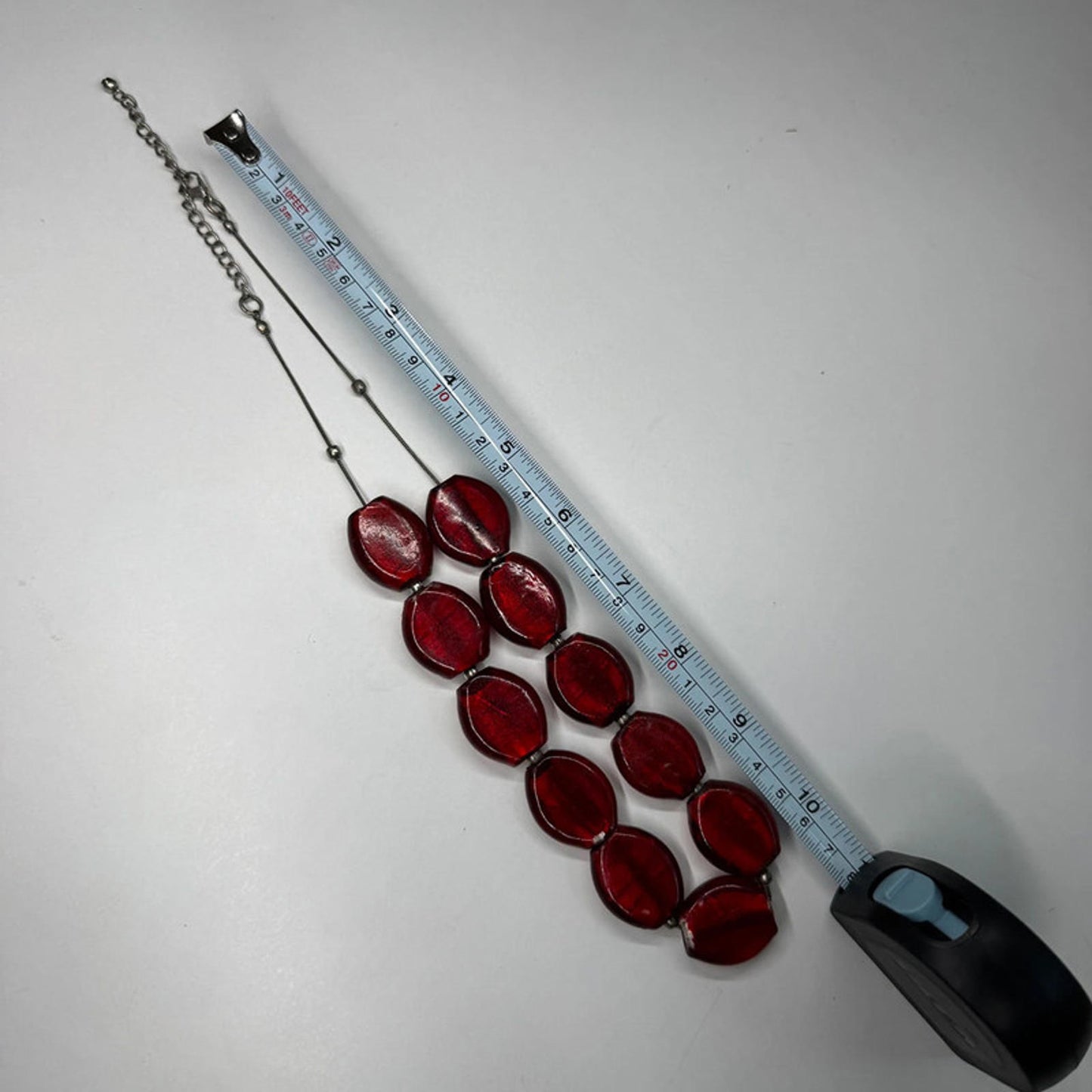 Vintage red glass beads necklace on metal chain