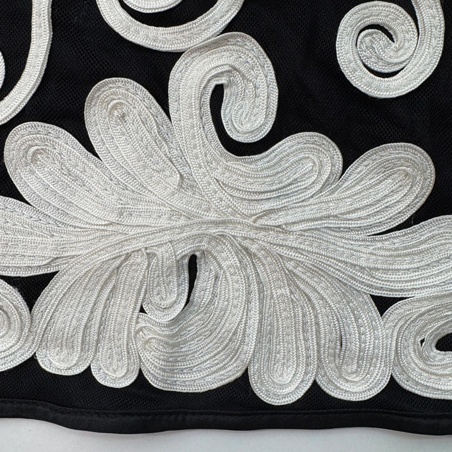Vintage black sleeveless top, white ribbon floral embroidery