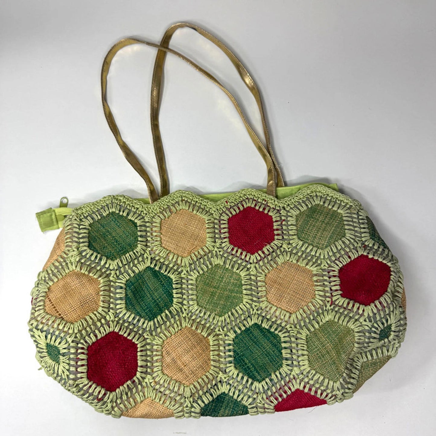 Green floral crochet and raffia bag