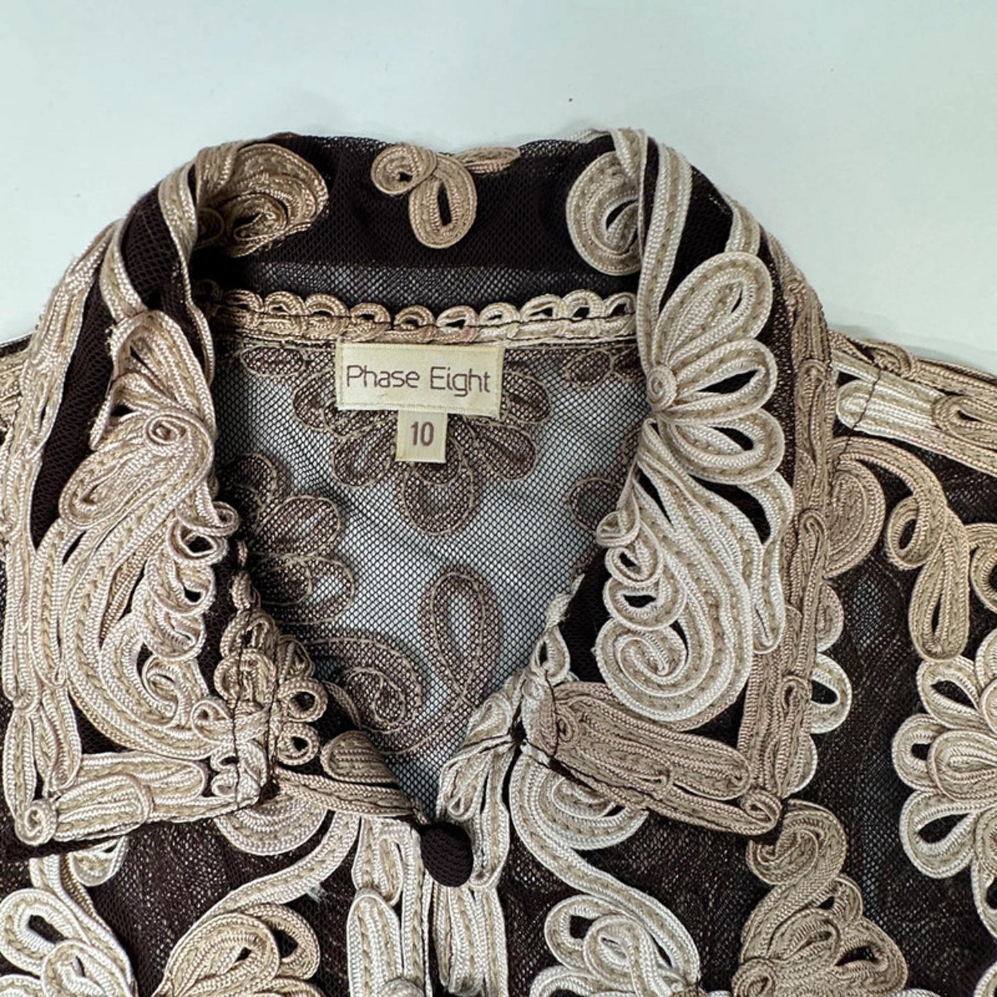 Phase Eight brown nylon woven ribbon and mesh sheer blouse, UK 10