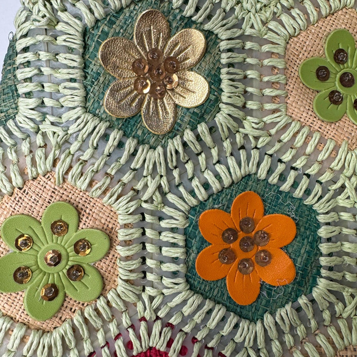 Green floral crochet and raffia bag