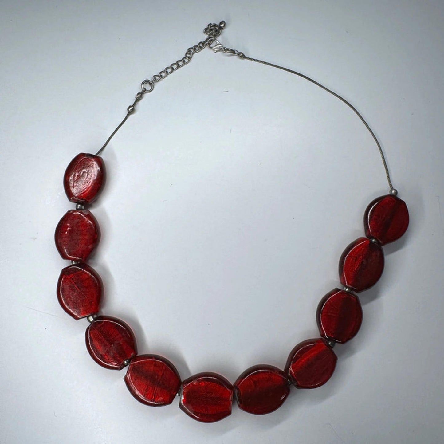 Vintage red glass beads necklace on metal chain