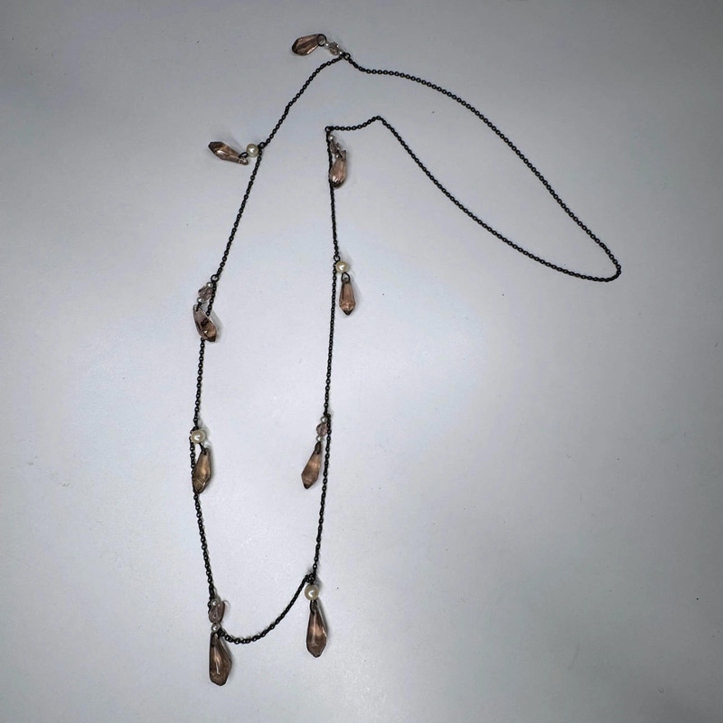 Vintage necklace with hanging pink glass crystals