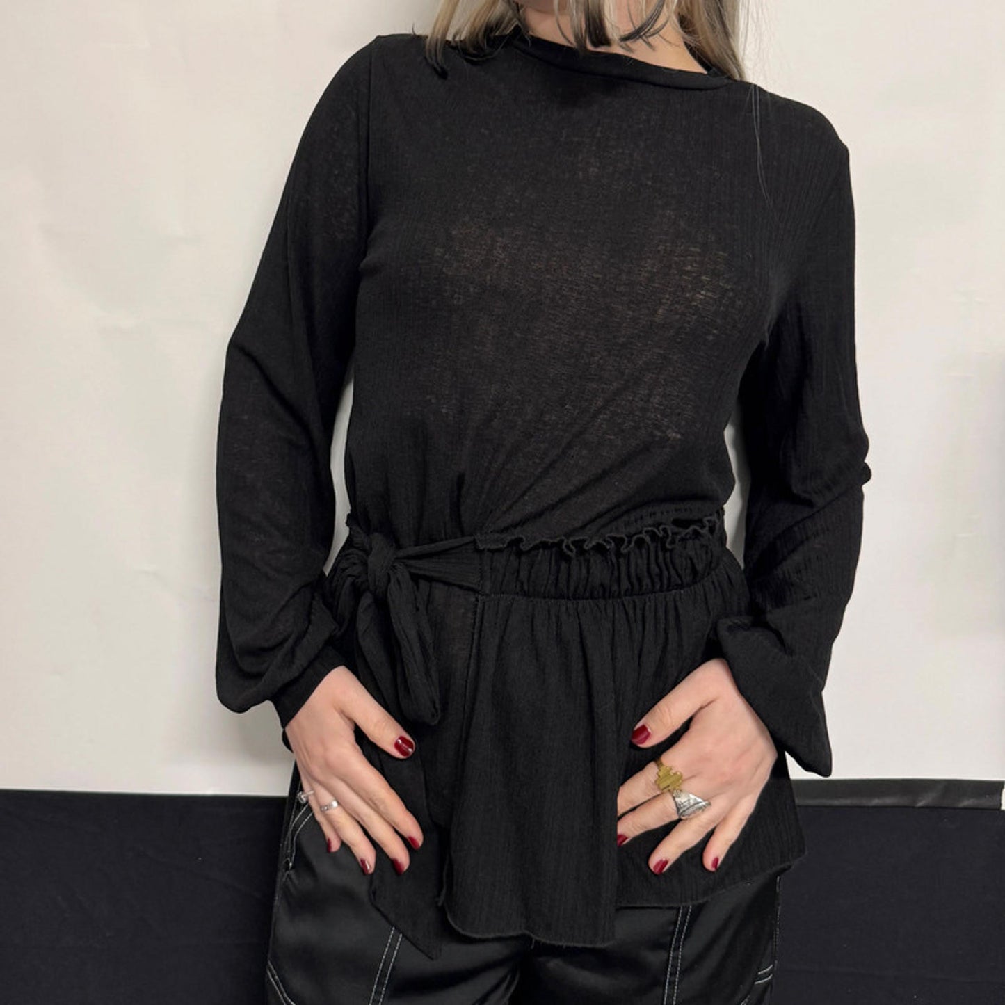 V by Very black sheer tie waist top