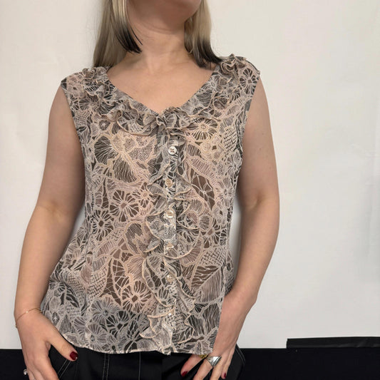 Precis ruffled floral beige brown sleeveless blouse