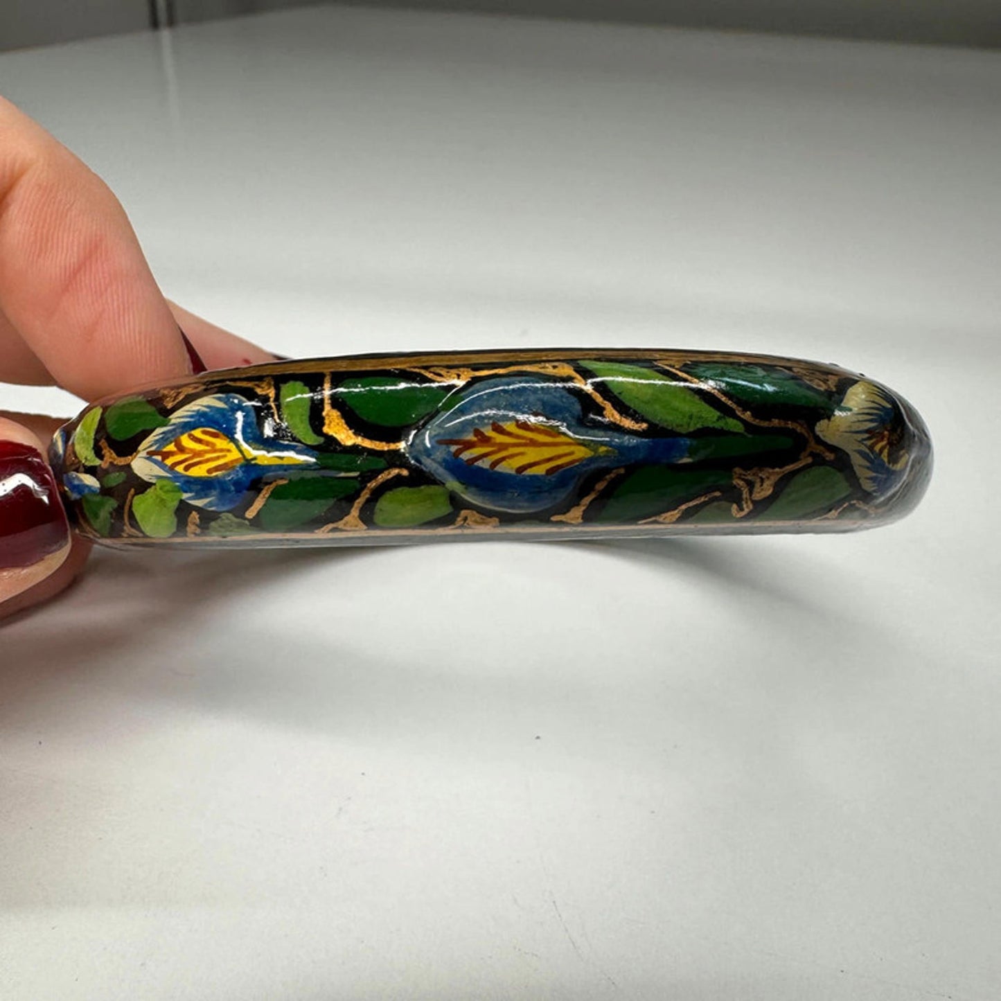 Vintage wooden painted bracelet with green blue florals