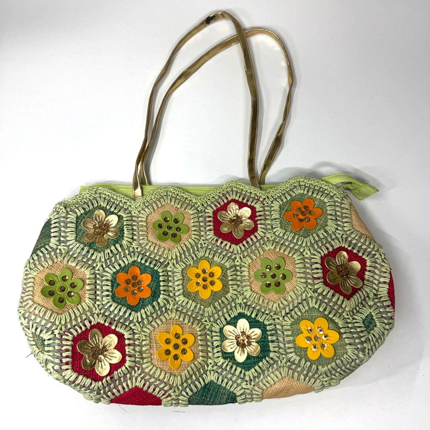Green floral crochet and raffia bag