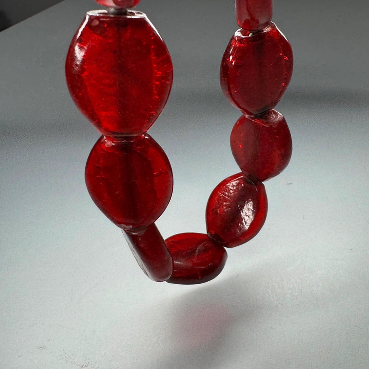 Vintage red glass beads necklace on metal chain