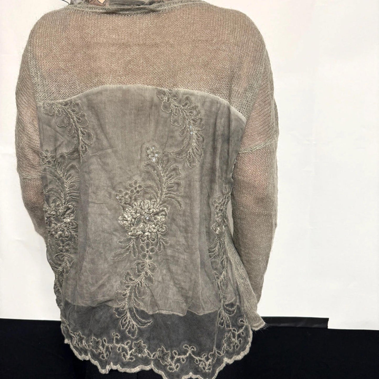 ChillNorway sheer loose knit green sweater with floral embroidery