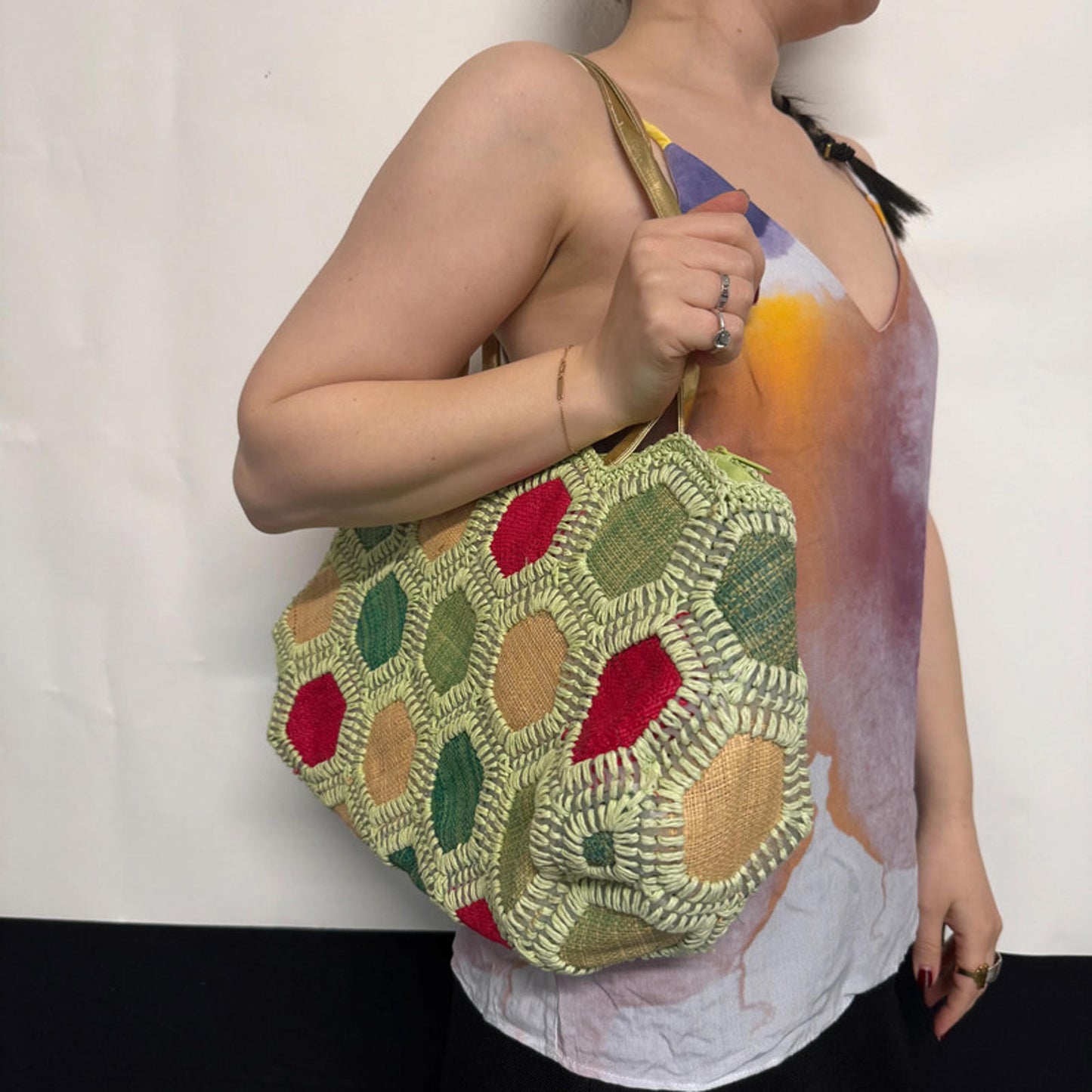 Green floral crochet and raffia bag