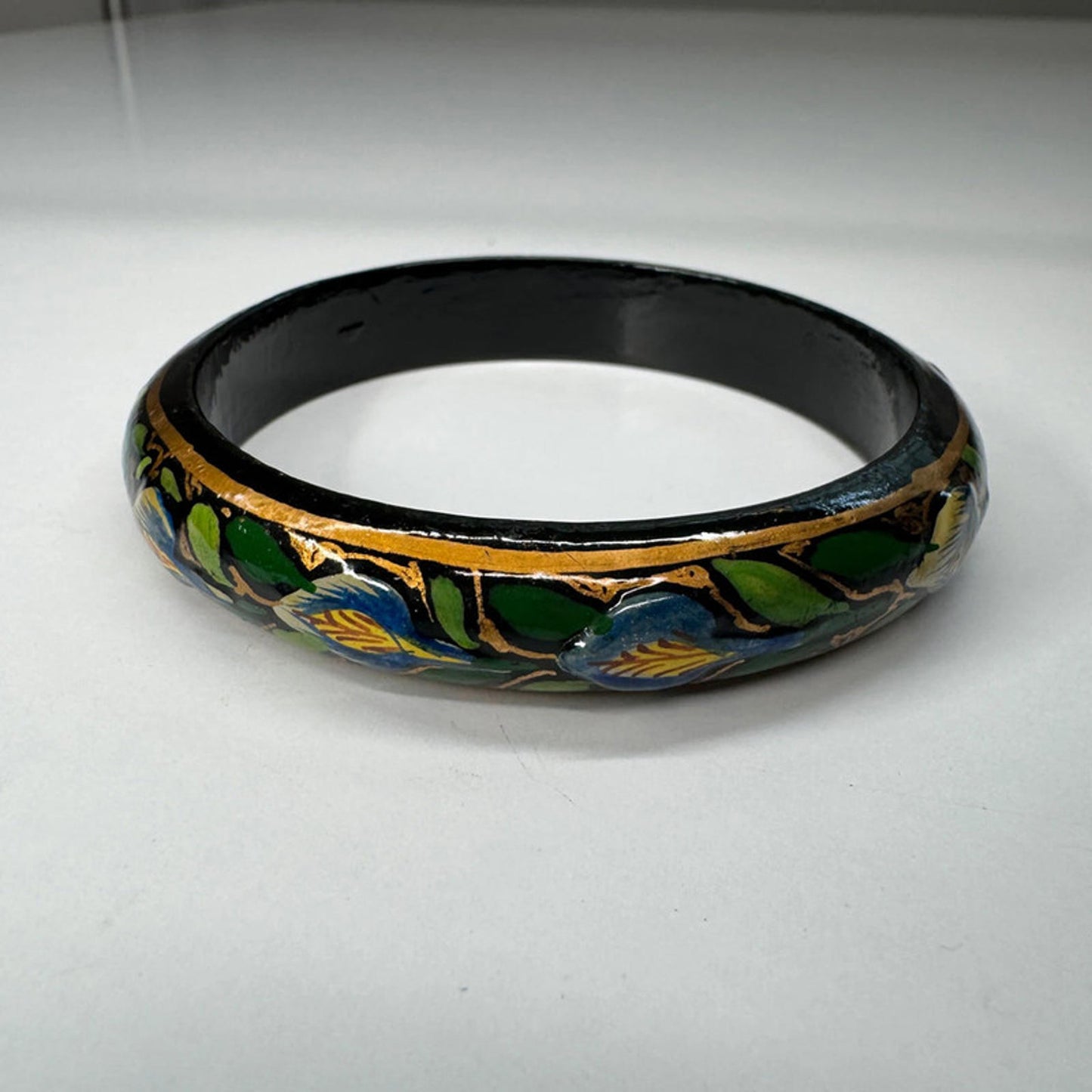 Vintage wooden painted bracelet with green blue florals