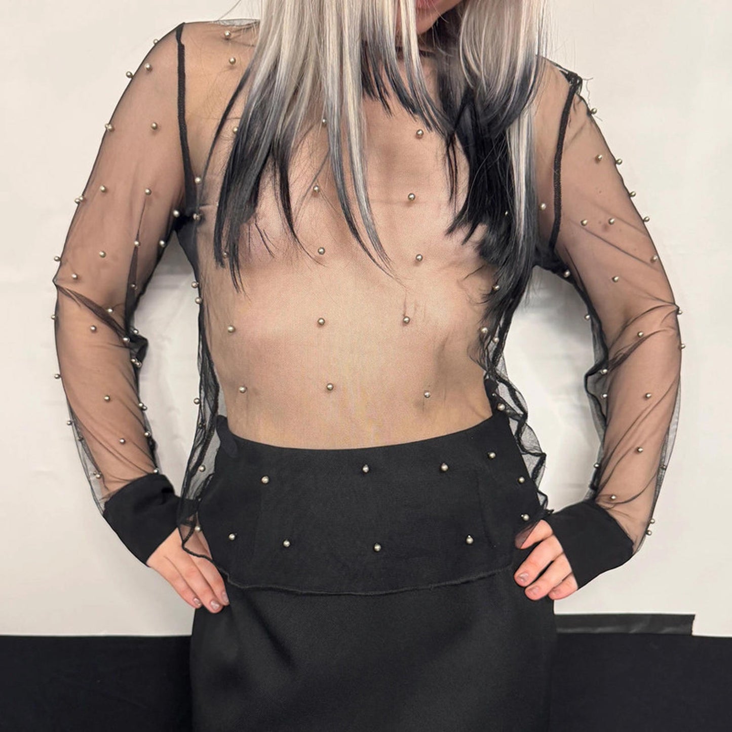 Black sheer mesh metal beads longsleeve S