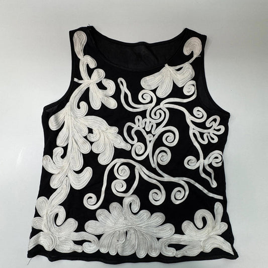 Vintage black sleeveless top, white ribbon floral embroidery