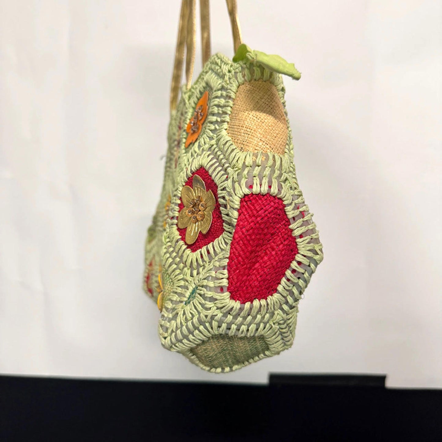 Green floral crochet and raffia bag