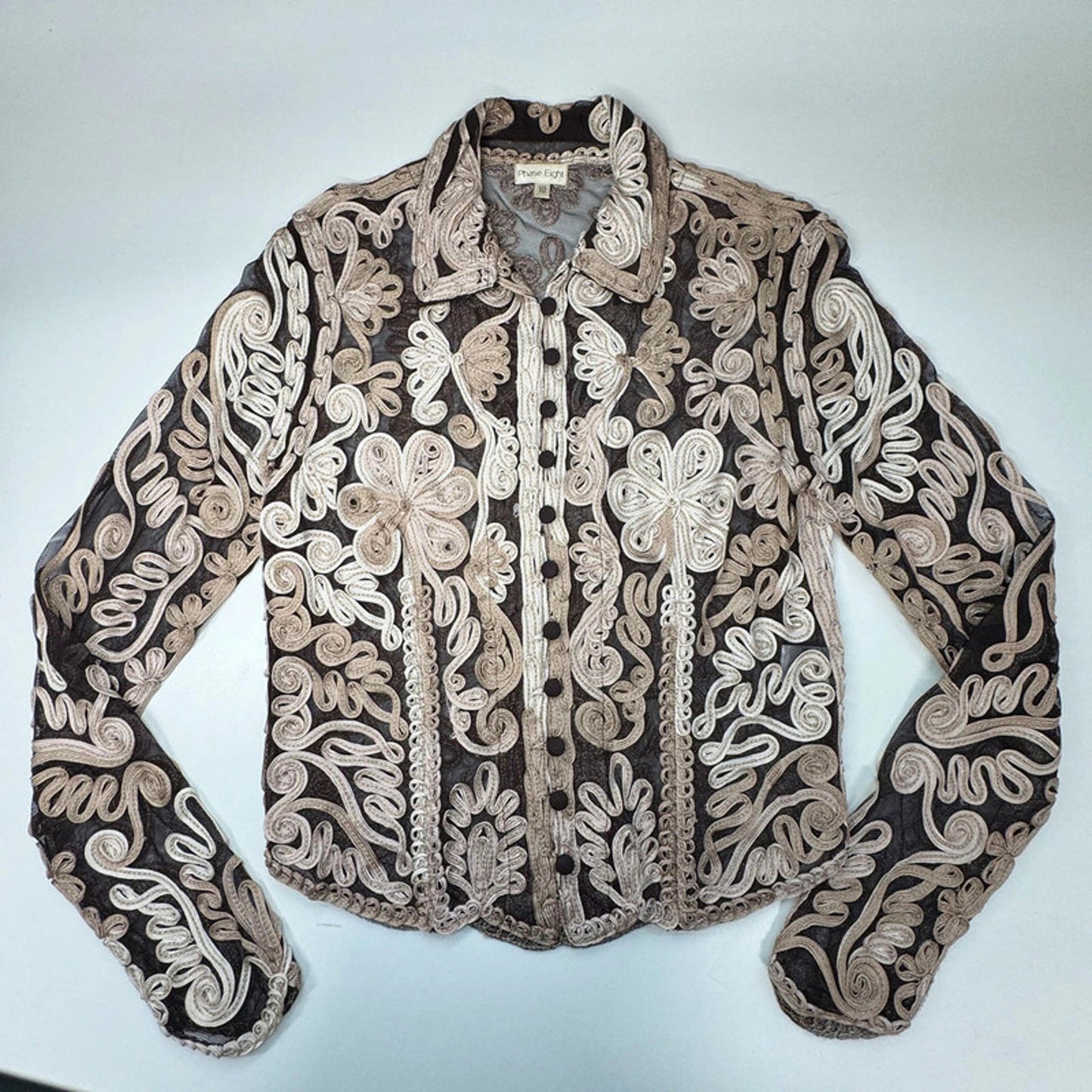 Phase Eight brown nylon woven ribbon and mesh sheer blouse, UK 10