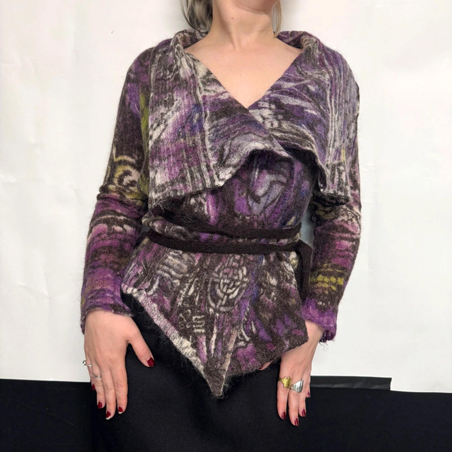 Passport purple and green wool wrap cardigan