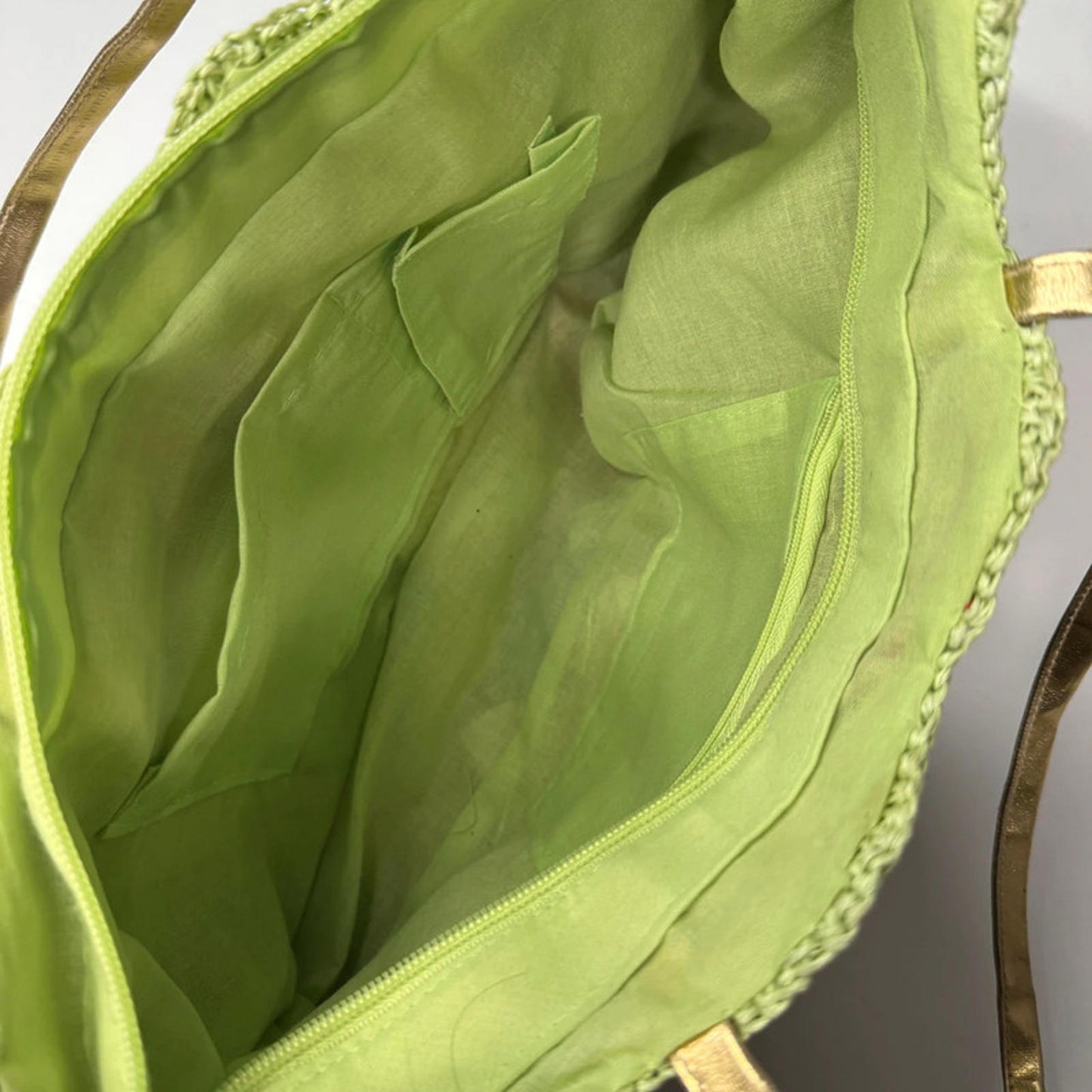 Green floral crochet and raffia bag