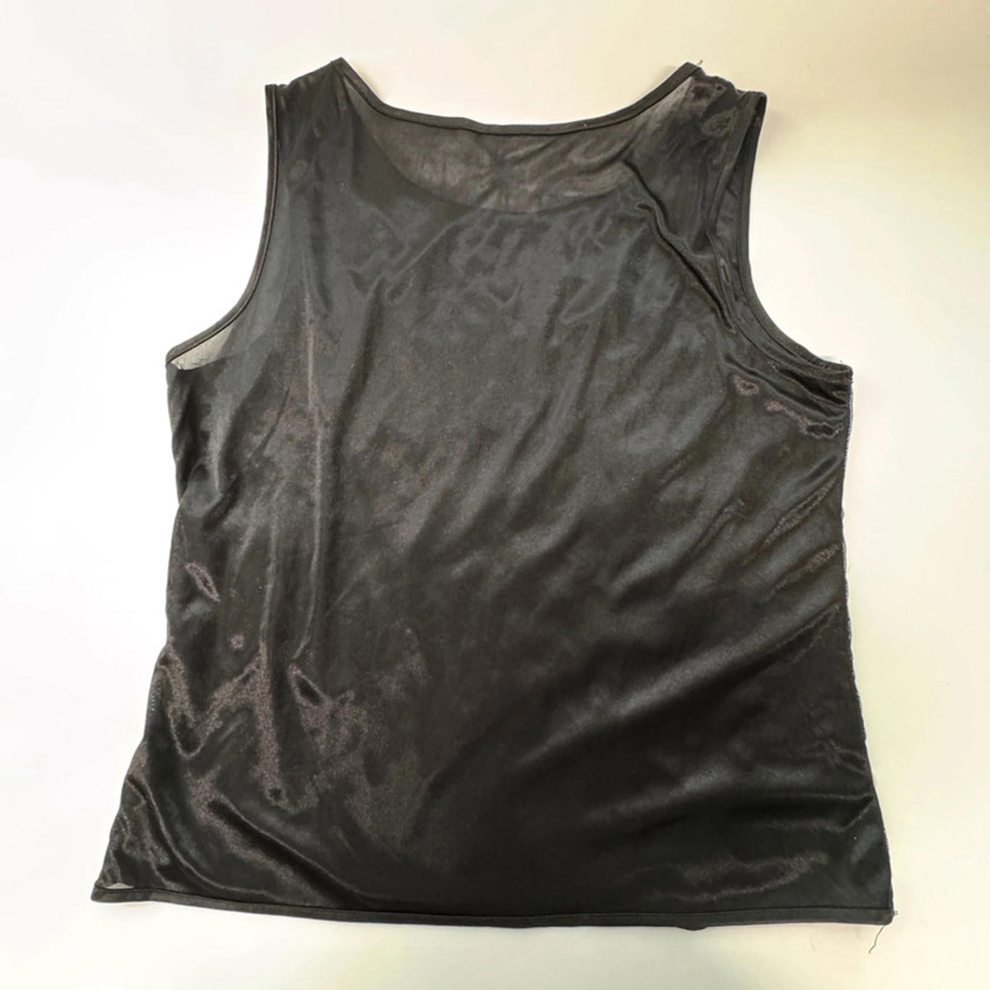 Vintage black sleeveless top, white ribbon floral embroidery