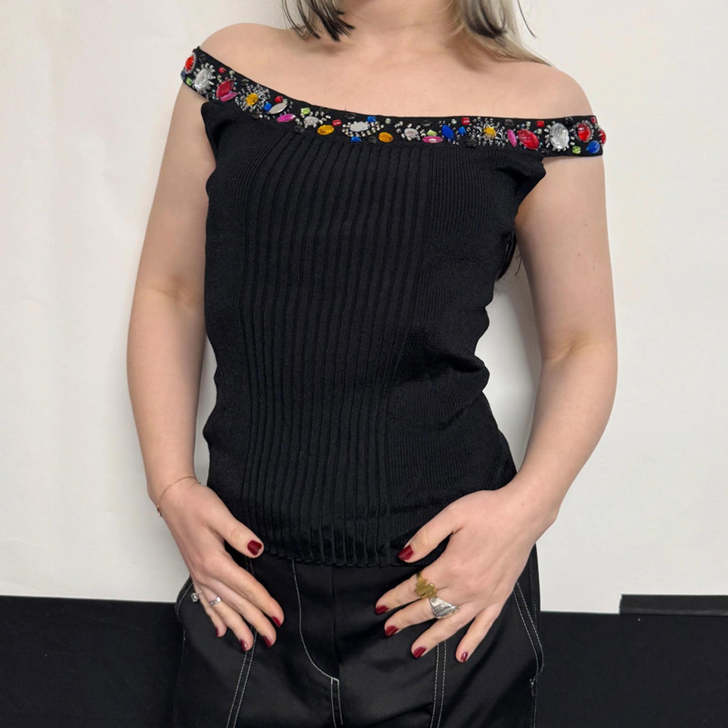 Caché black colorful bejewelled top