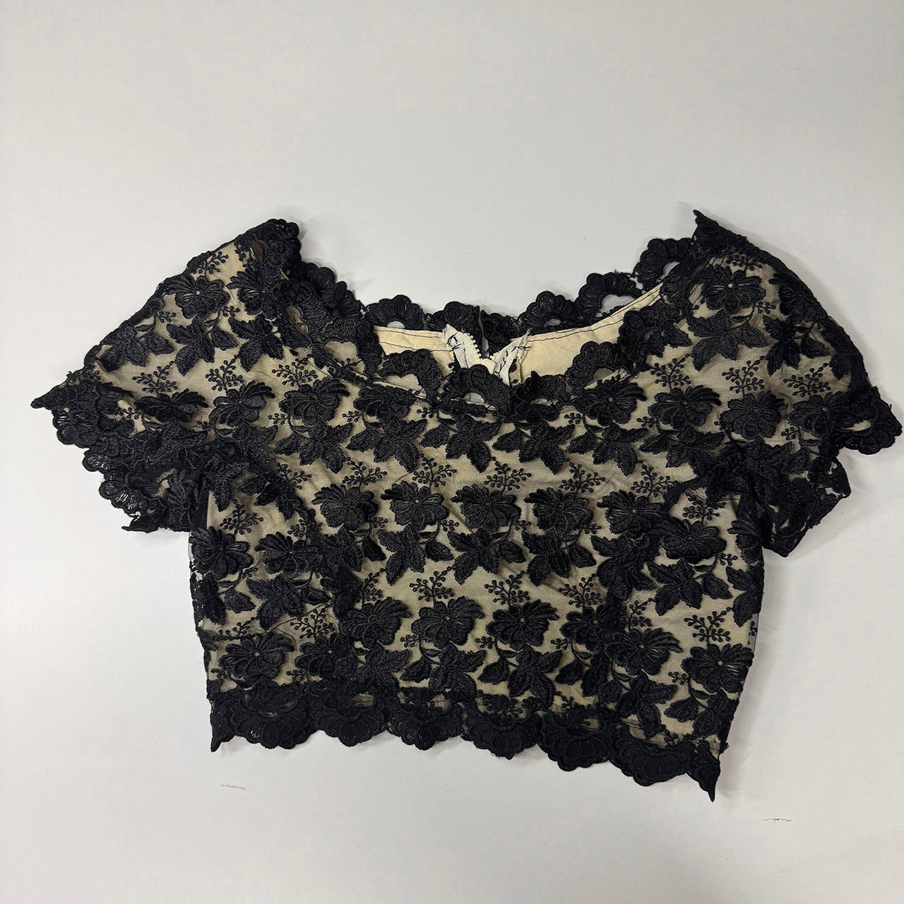 Handmade vintage ultra crop black lace top with cute sleeves and boat neckline