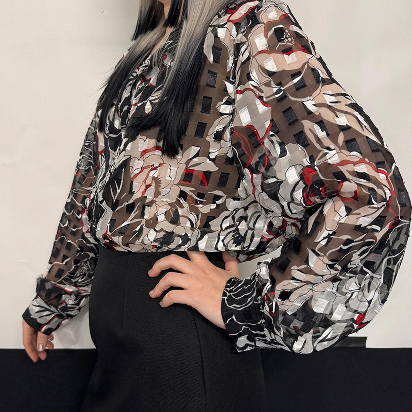 Vintage Alia Petites Women's Blouse Black Floral Sheer UK 12