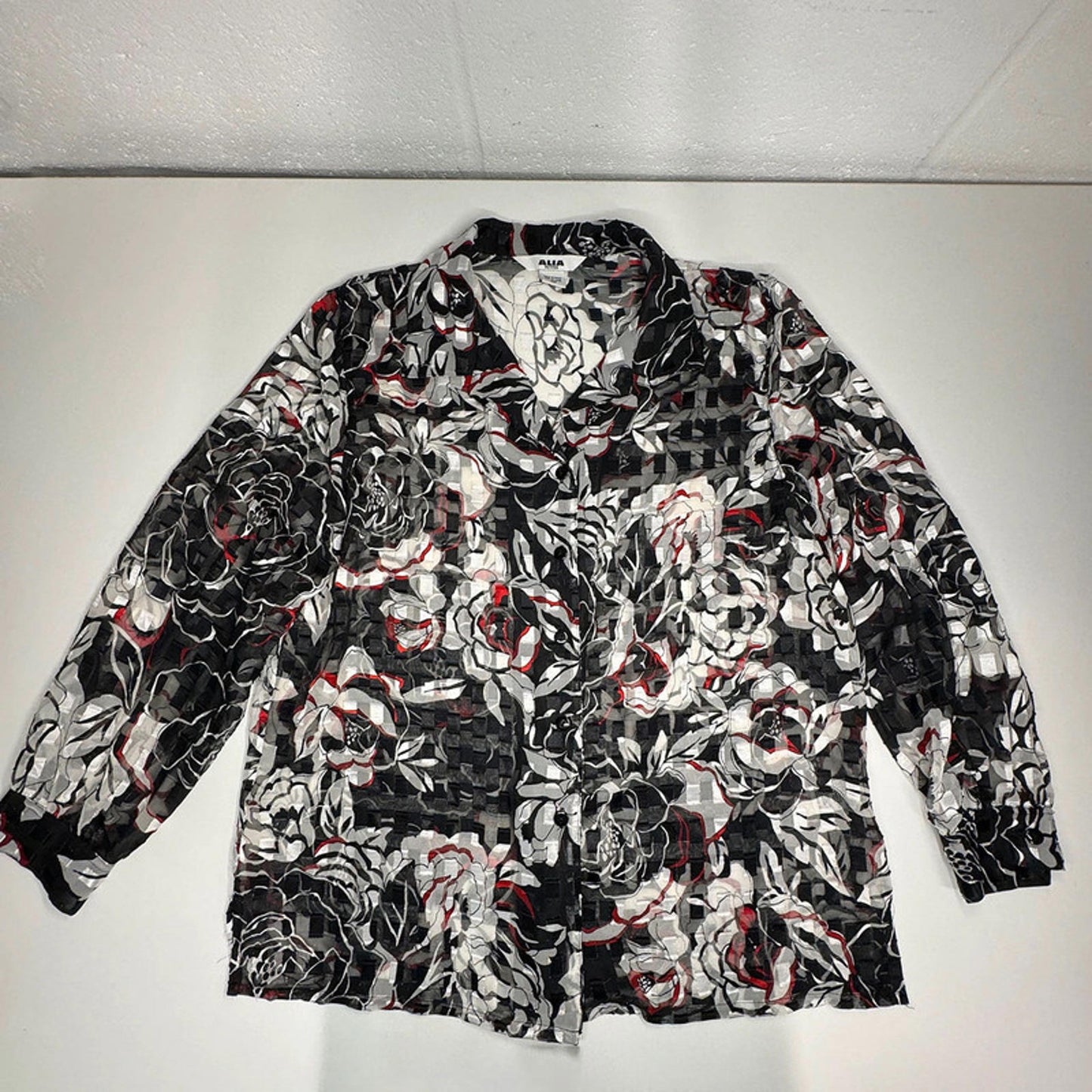 Vintage Alia Petites Women's Blouse Black Floral Sheer UK 12