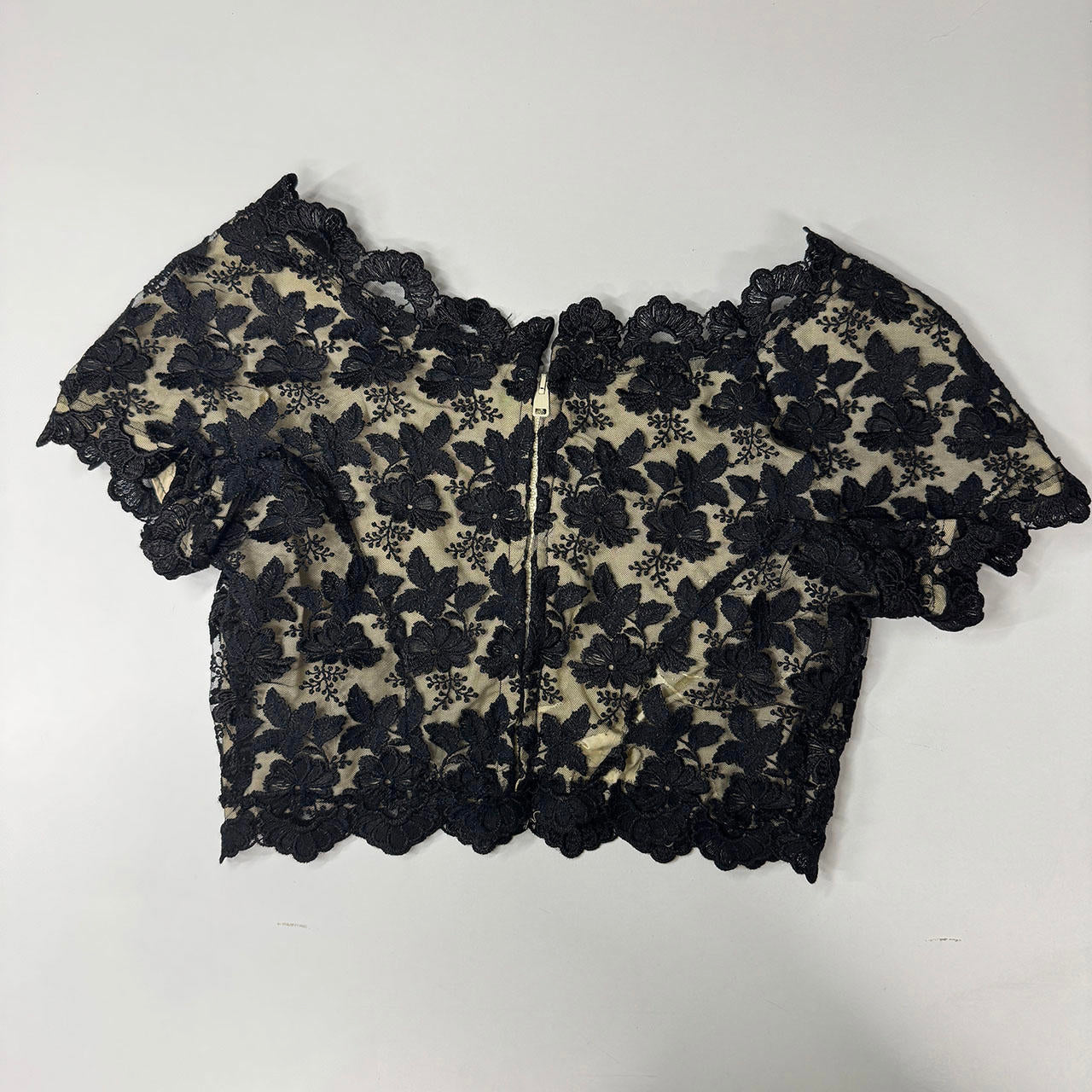 Handmade vintage ultra crop black lace top with cute sleeves and boat neckline