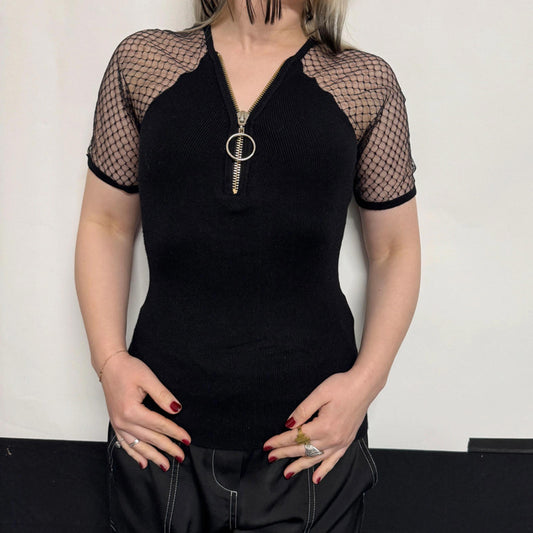 Morgan de Toi black short-sleeved zipped knit t-shirt