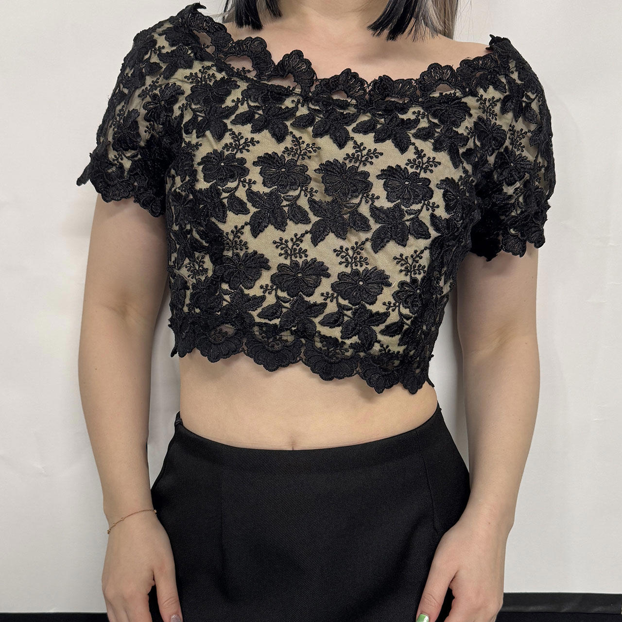 Handmade vintage ultra crop black lace top with cute sleeves and boat neckline