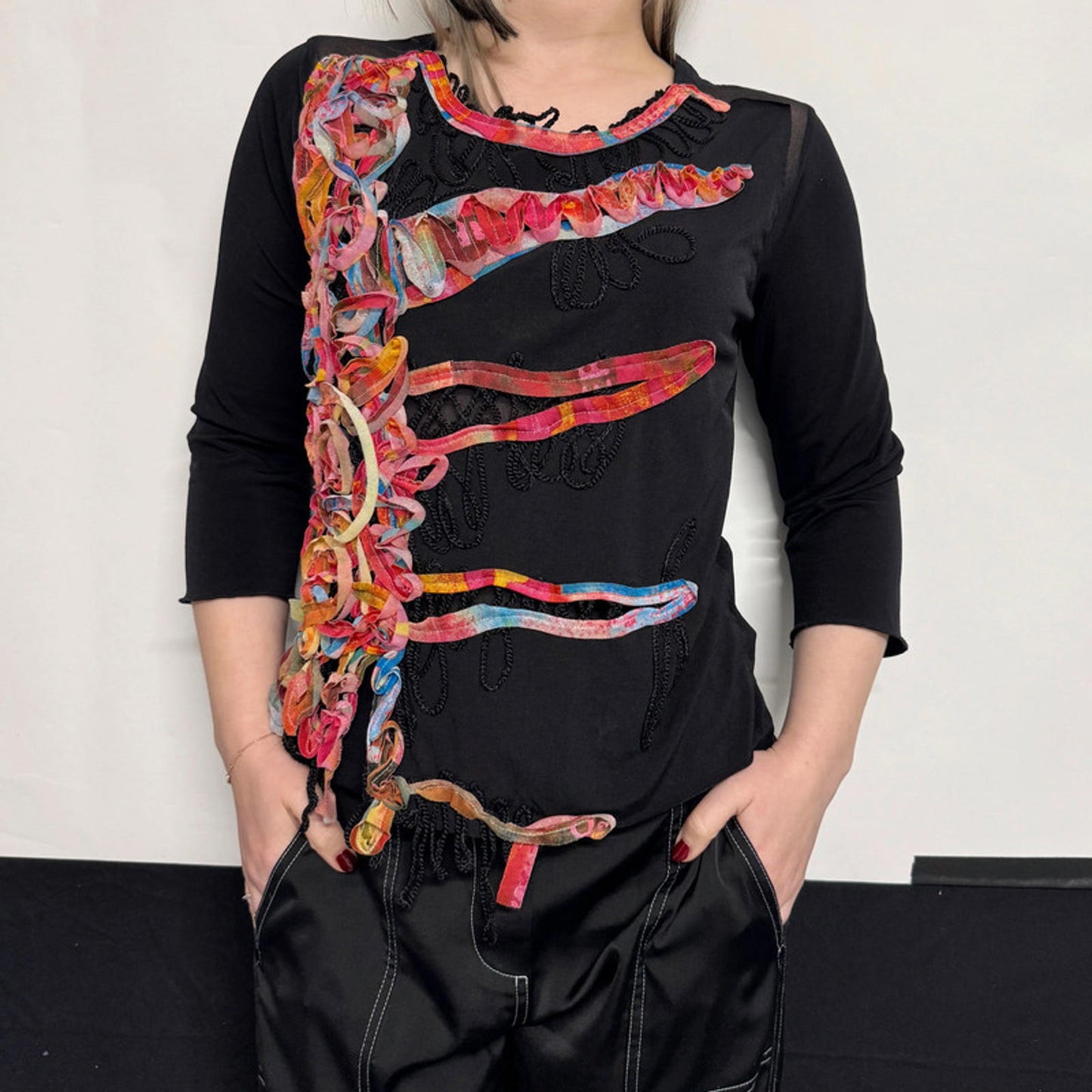 James Lakeland black long-sleeved top, textile embellishments
