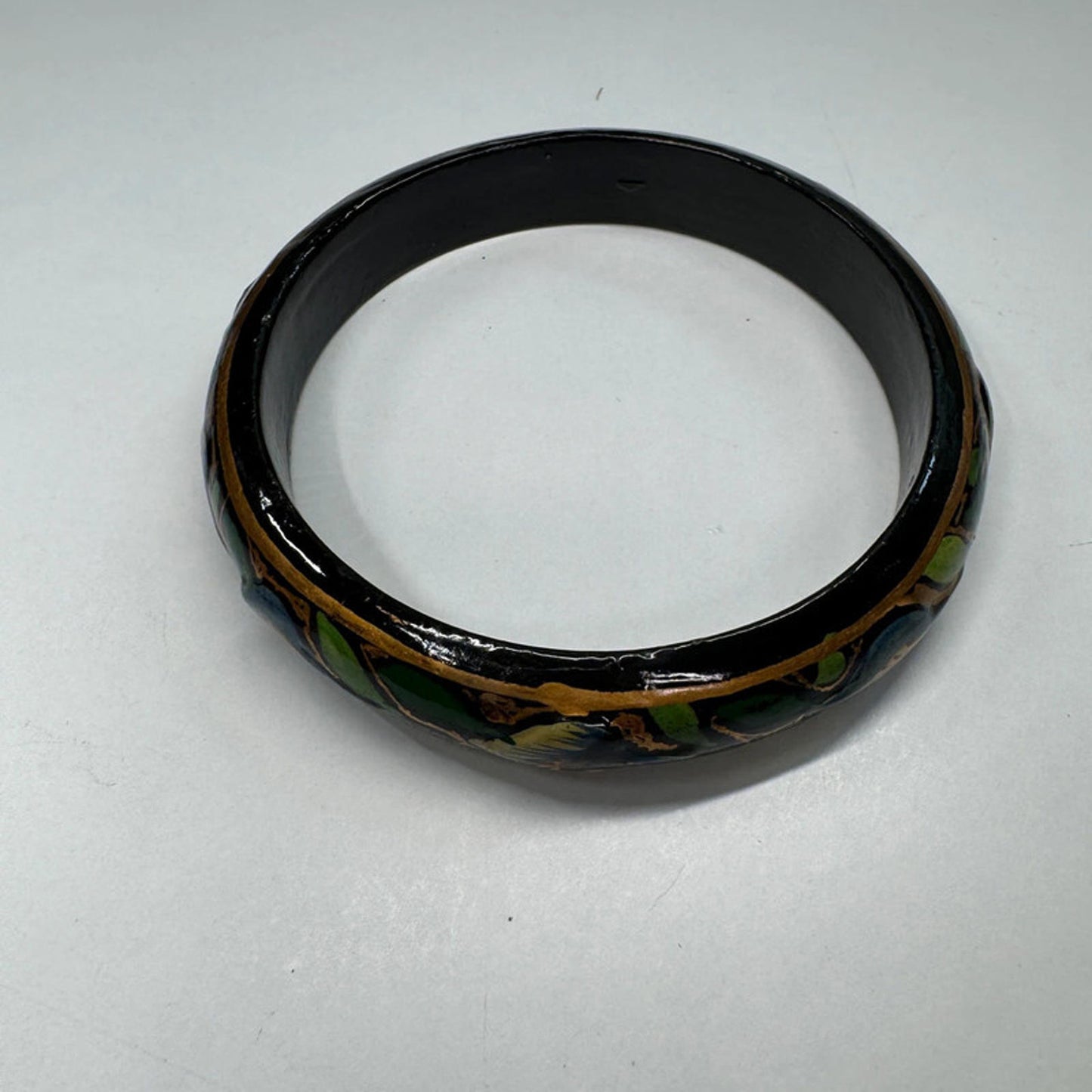 Vintage wooden painted bracelet with green blue florals