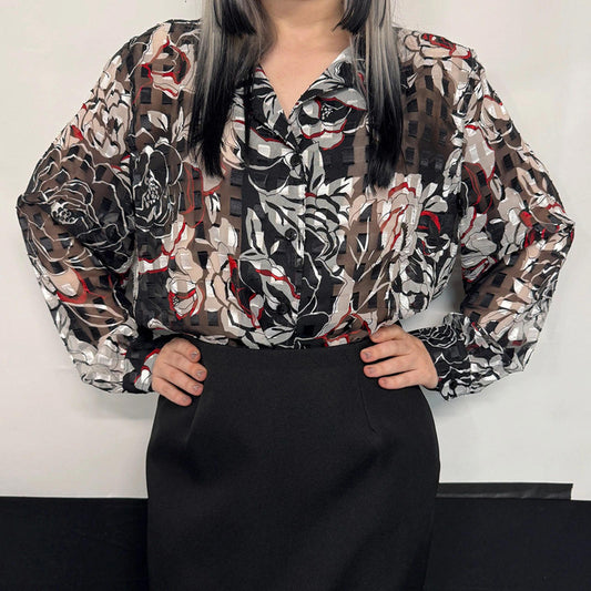 Vintage Alia Petites Women's Blouse Black Floral Sheer UK 12
