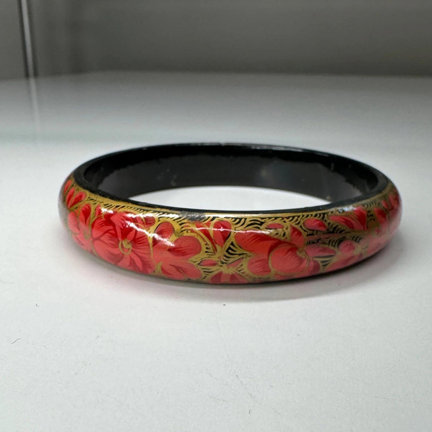 Vintage red floral wooden painted bracelet