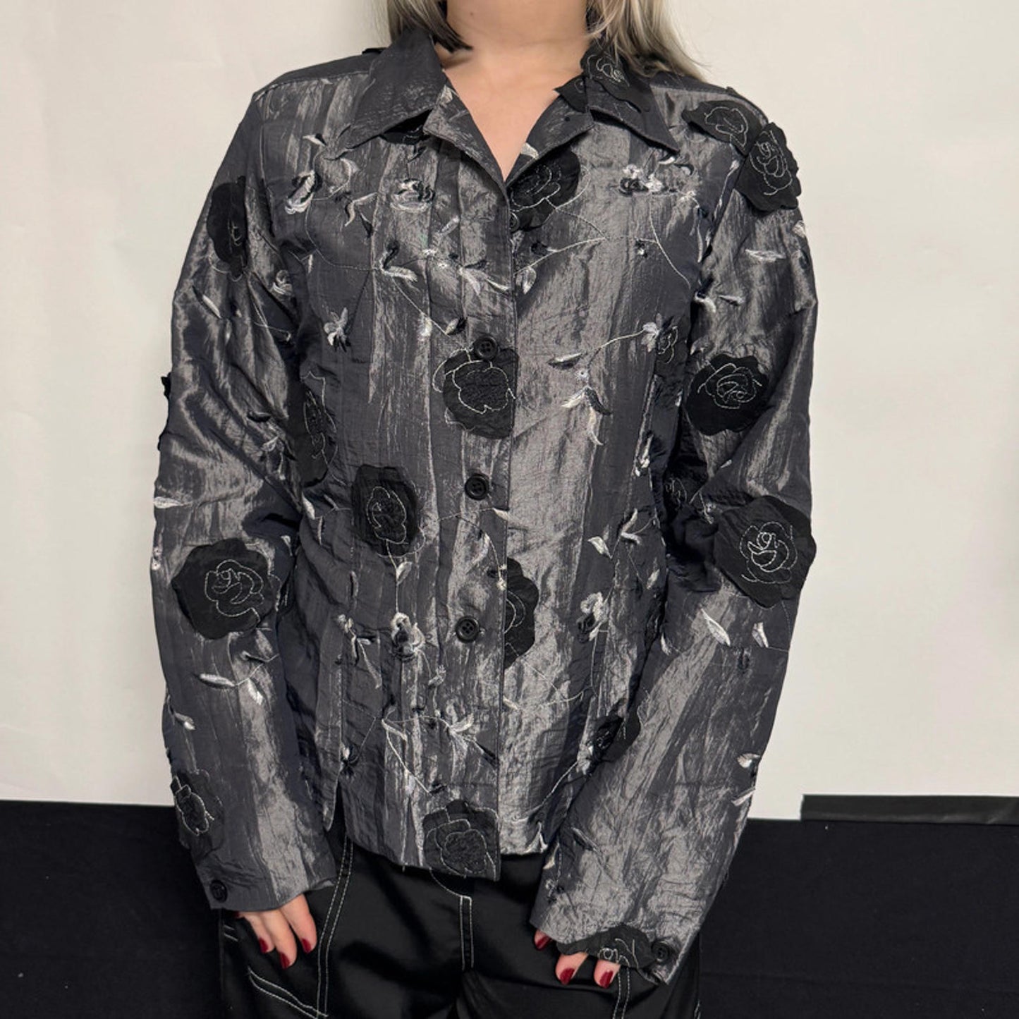 Vintage Ellen Margaret Moody grey-silver satin long-sleeved jacket